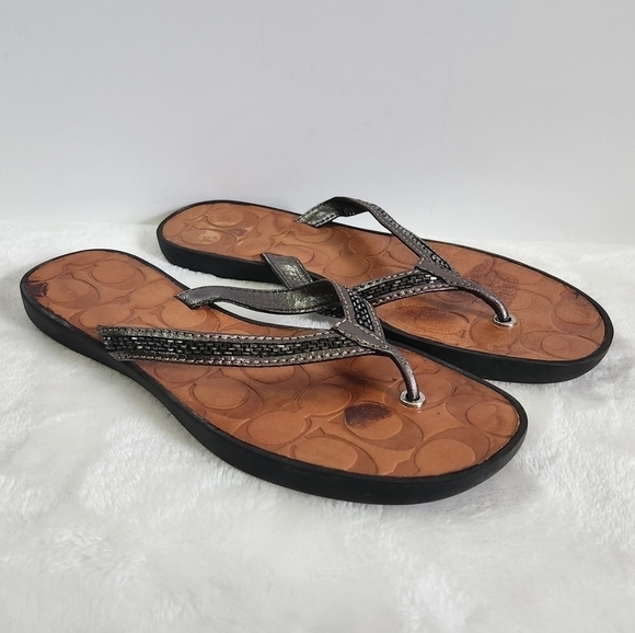 COACH Laurel Leather Silver Gray Bugle Beaded Flip Flop Sandals Size 8 - Picture 3 of 16